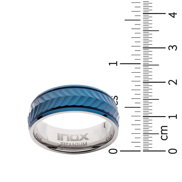 Inox Blue IP Titanium Matte Finish Chevron Comfort Fit Ring. Size 10