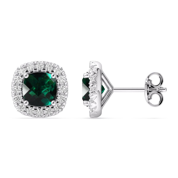 5MM Cushion Emerald and White Sapphire Birthstone Halo Stud Earrings in Sterling Silver