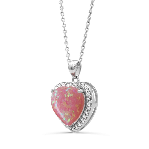 Heart Shaped Created Opal and White Sapphire Halo 18-inch Pendant in Sterling Silver
