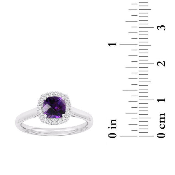 Cushion Amethyst and White Sapphire Birthstone Halo Ring in Sterling Silver