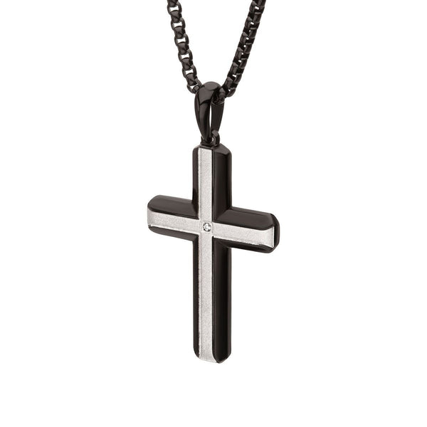 Inox Black IP Brushed Finish Stainless Steel Lab Grown Diamond Accent 24-inch Cross