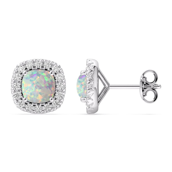 5MM Cushion Opal and White Sapphire Birthstone Halo Stud Earrings in Sterling Silver