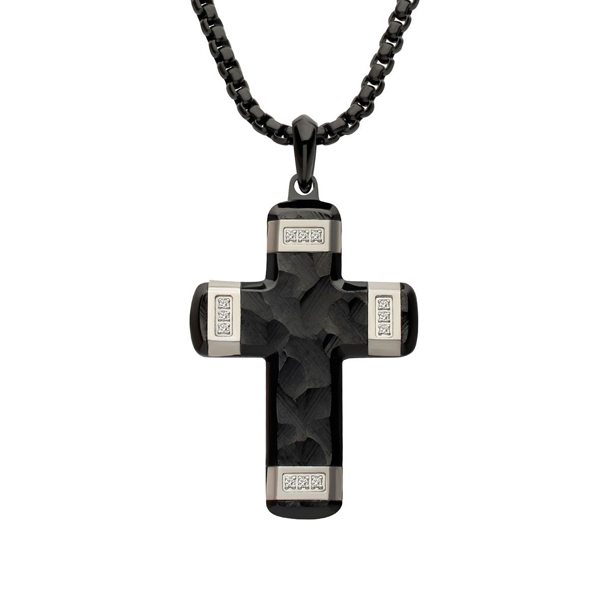 Inox Black IP Two-Tone Stainless Steel Lab Grown Diamond Accent 24-inch Cross Pendant