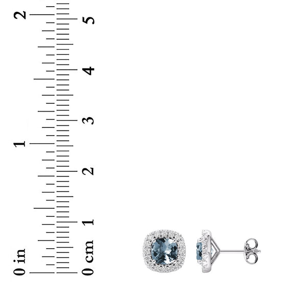 5MM Cushion Aquamarine and White Sapphire Birthstone Halo Stud Earrings in Sterling Silver