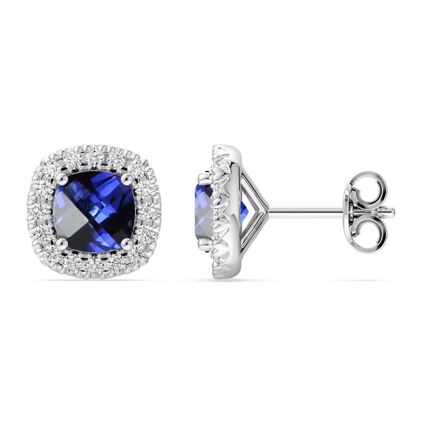 5MM Cushion Blue Sapphire and White Sapphire Birthstone Halo Stud Earrings in Sterling Silver
