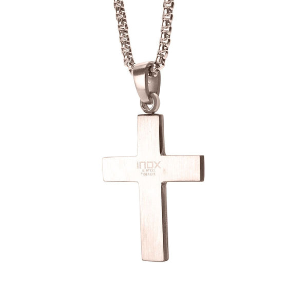 Inox Stainless Steel Tiger Eye Stone Inlay and Lab Grown Diamond Accent 22-inch Cross Pendant