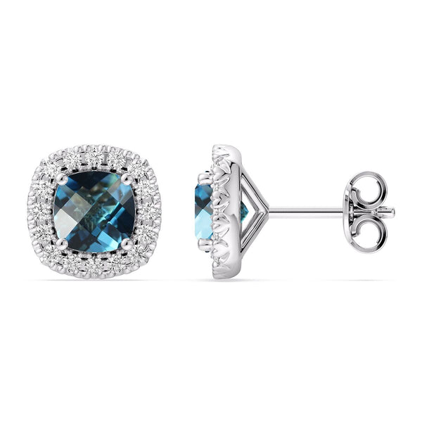 5MM Cushion Swiss Blue Topaz and White Sapphire Birthstone Halo Stud Earrings in Sterling Silver