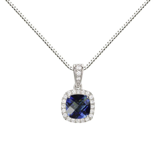 6MM Cushion Black Sapphire and White Sapphire Birthstone Halo 18-inch Pendant in Sterling Silver