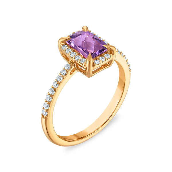 7X5MM Radiant Amethyst and White Sapphire Birthstone Halo Ring in 18KT Gold Vermeil