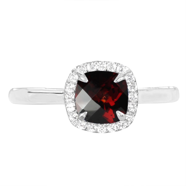 6MM Cushion Garnet and White Sapphire Birthstone Halo Ring in Sterling Silver