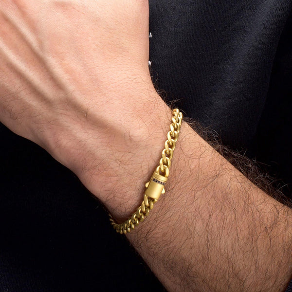 Inox Gold IP Stainless Steel 7.5-inch 6MM Miami Cuban Link Bracelet with Black Sapphire