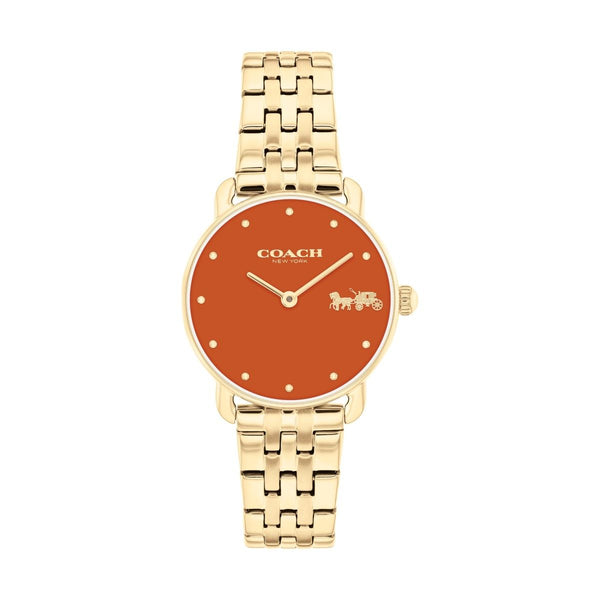 Coach Eliot 28MM Orange Dial Goldtone Watch. 14504446