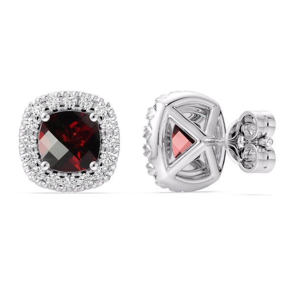5MM Cushion Garnet and White Sapphire Birthstone Halo Stud Earrings in Sterling Silver