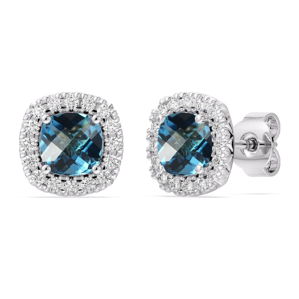 5MM Cushion Swiss Blue Topaz and White Sapphire Birthstone Halo Stud Earrings in Sterling Silver