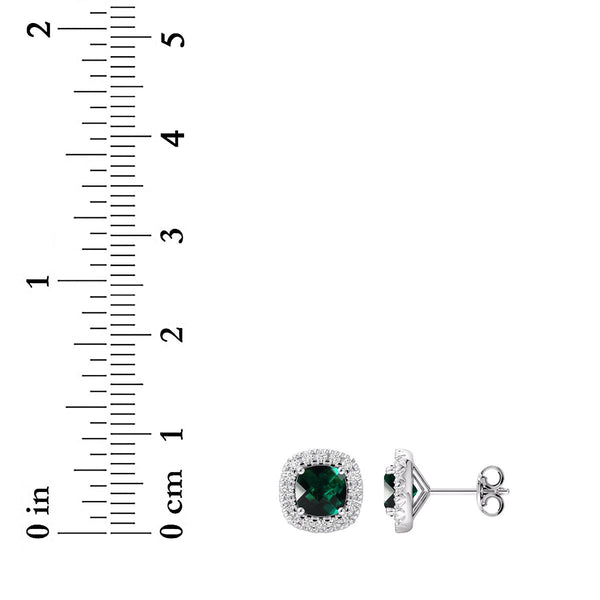 5MM Cushion Emerald and White Sapphire Birthstone Halo Stud Earrings in Sterling Silver