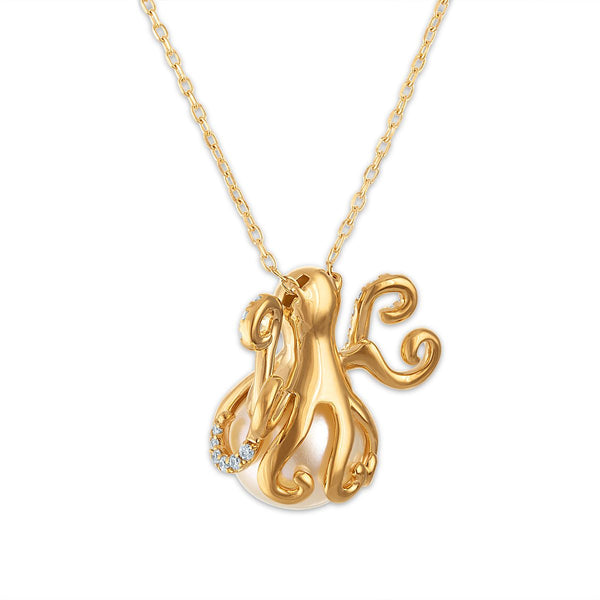 LoveSong Pearl and Lab Grown Diamond Octopus Pendant in 18KT Gold Vermeil
