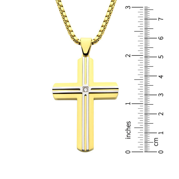 Inox 18KT Gold IP Stainless Steel Lab Grown Diamond Accent 24-inch Cross Pendant