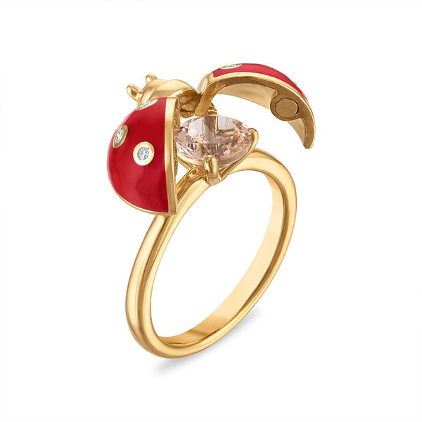 LoveSong Morganite and Lab Grown Diamond Lady Bug Ring in 18KT Gold Vermeil