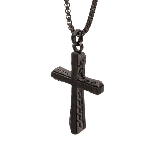 Inox Stainless Steel Black Carbon Graphite 24-inch Sepulchre Cross Pendant