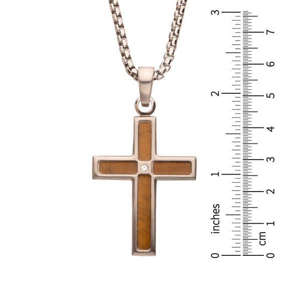 Inox Stainless Steel Tiger Eye Stone Inlay and Lab Grown Diamond Accent 22-inch Cross Pendant