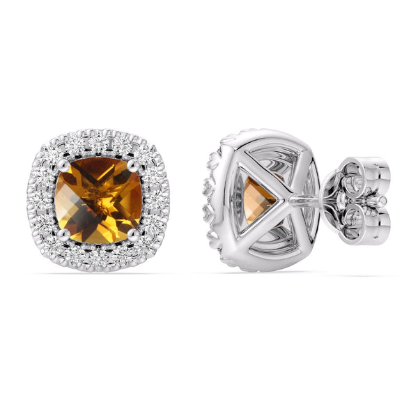 5MM Cushion Citrine and White Sapphire Birthstone Halo Stud Earrings in Sterling Silver