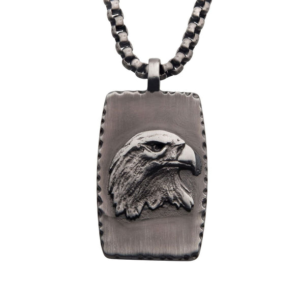 Inox Gun Metal IP Stainless Steel 24-inch Dog Tag with Eagle Inlay