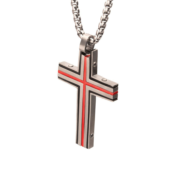Inox Red IP Stainless Steel  24-inch Dante Cross Pendant