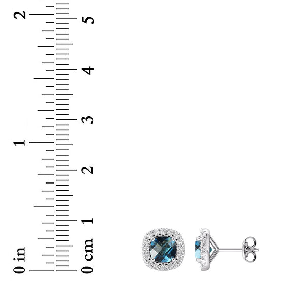 5MM Cushion Swiss Blue Topaz and White Sapphire Birthstone Halo Stud Earrings in Sterling Silver