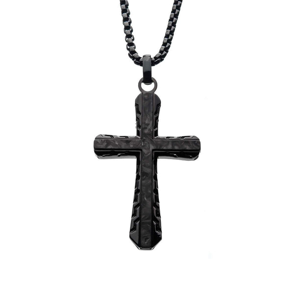 Inox Stainless Steel Black Carbon Graphite 24-inch Sepulchre Cross Pendant