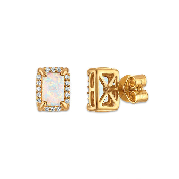 6X4MM Radiant Opal and White Sapphire Birthstone Stud Earrings in 18KT Gold Vermeil