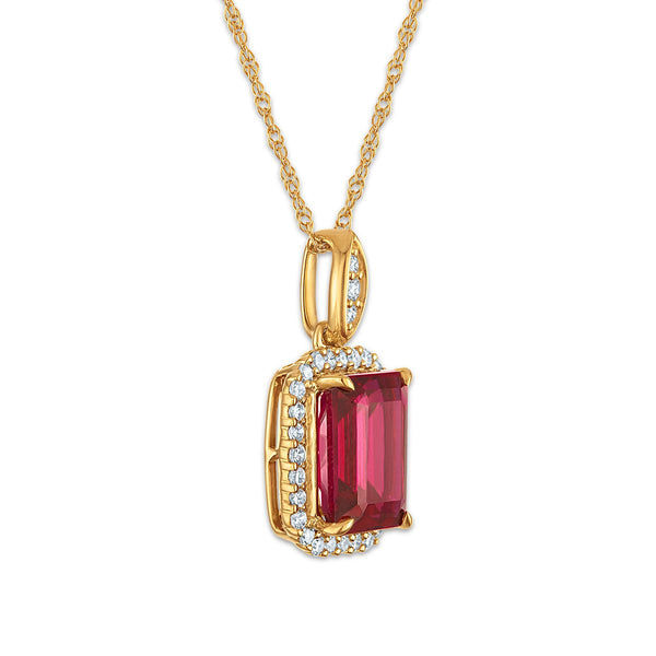 LoveSong EcoLove 9X7MM Ruby and Lab Grown Diamond Halo 18-inch Pendant in 10KT Yellow Gold