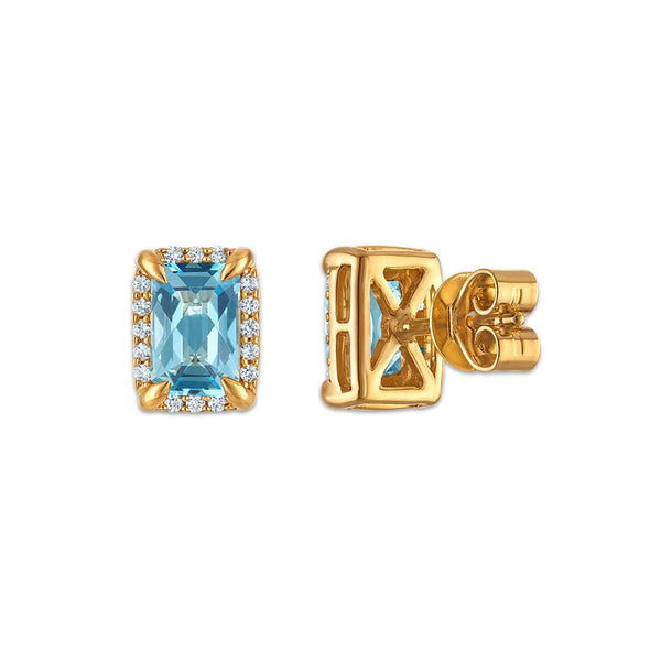 6X4MM Radiant Swiss Blue Topaz and White Sapphire Birthstone Stud Earrings in 18KT Gold Vermeil
