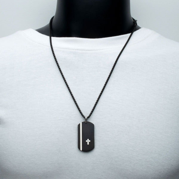 Inox Black IP Stainless Steel Lab Grown Diamond Accent 24-inch Dog tag with Cross Inlay