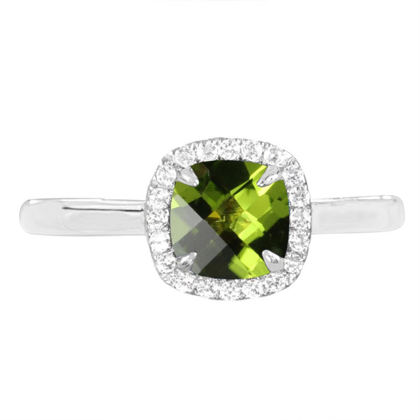 6MM Cushion Peridot and White Sapphire Birthstone Halo Ring in Sterling Silver