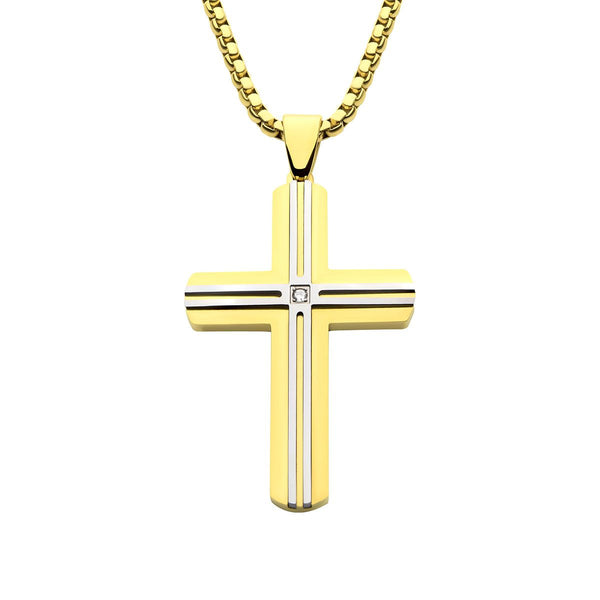 Inox 18KT Gold IP Stainless Steel Lab Grown Diamond Accent 24-inch Cross Pendant