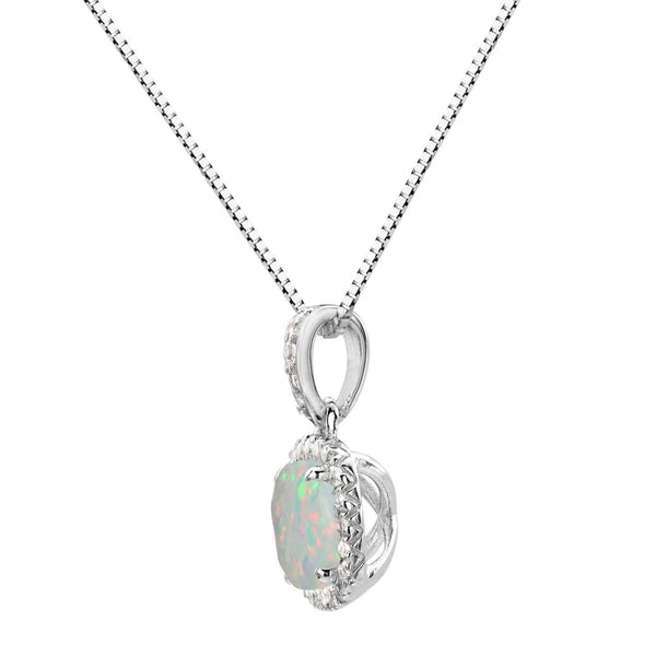 6MM Cushion Opal and White Sapphire Birthstone Halo 18-inch Pendant in Sterling Silver