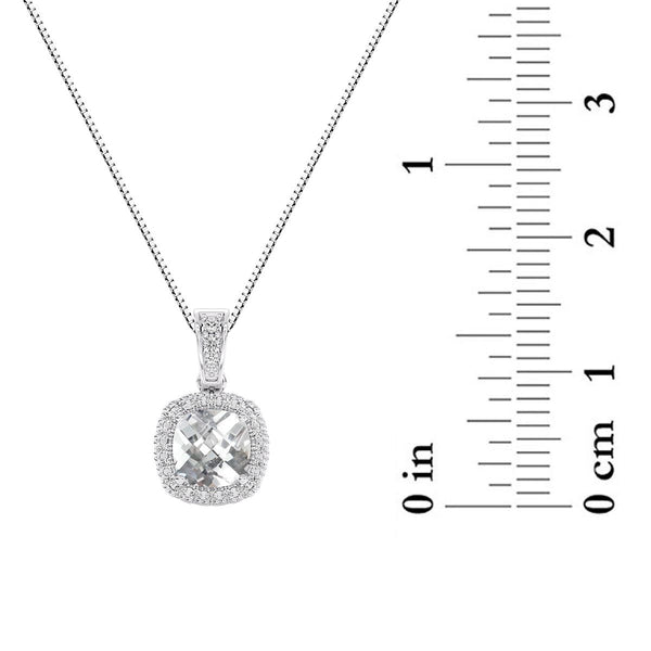 6MM Cushion White Sapphire and White Sapphire Birthstone Halo 18-inch Pendant in Sterling Silver