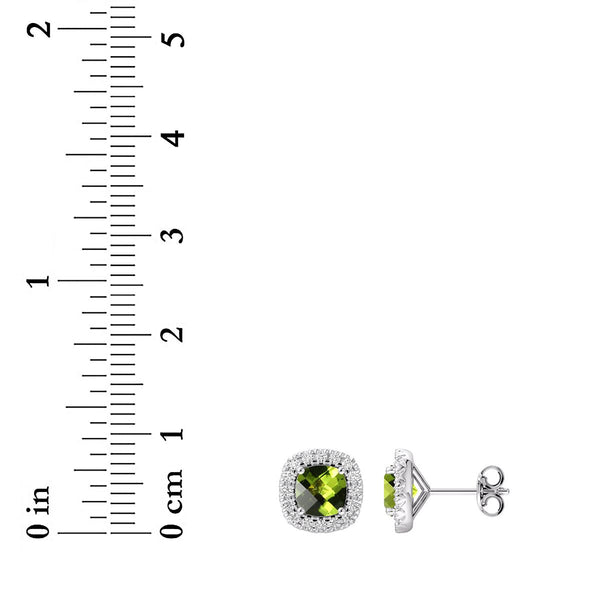 5MM Cushion Peridot and White Sapphire Birthstone Halo Stud Earrings in Sterling Silver