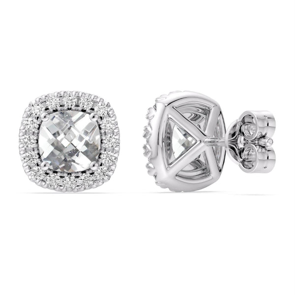 5MM Cushion White Sapphire and White Sapphire Birthstone Halo Stud Earrings in Sterling Silver