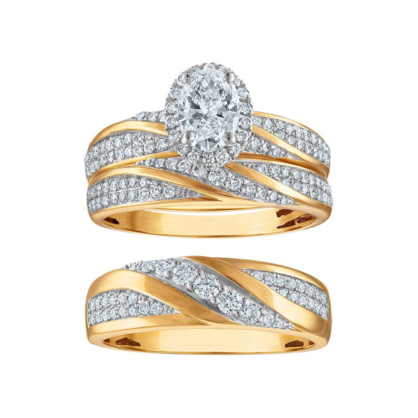 EcoLove 1-1/2 CTW Lab Grown Oval Diamond Halo Wedding Trio Set in 10KT Yellow Gold