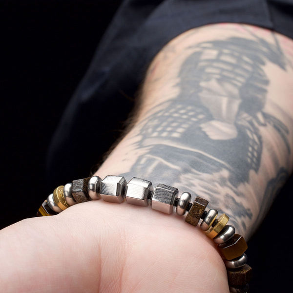 Inox 8MM 7.75-inch Mokume Gane Bronzite and Tiger Eye Beads Bushido Virtue Bracelet