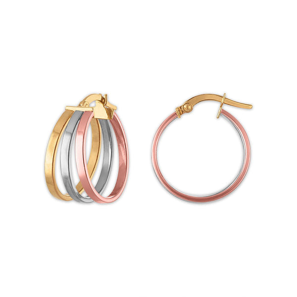 14KT Tri-Color Gold Three-Row 20MM Hoop Earrings