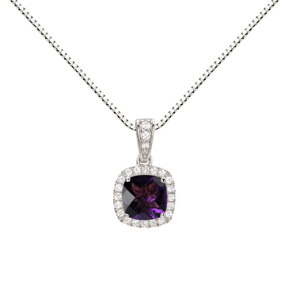 6MM Cushion Amethyst and White Sapphire Birthstone Halo 18-inch Pendant in Sterling Silver