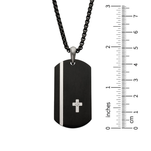 Inox Black IP Stainless Steel Lab Grown Diamond Accent 24-inch Dog tag with Cross Inlay