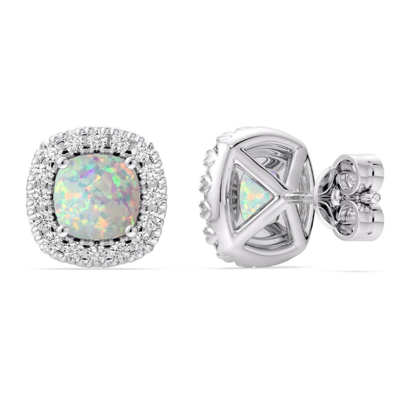 5MM Cushion Opal and White Sapphire Birthstone Halo Stud Earrings in Sterling Silver