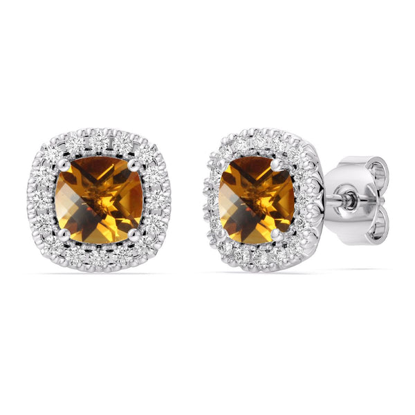 5MM Cushion Citrine and White Sapphire Birthstone Halo Stud Earrings in Sterling Silver