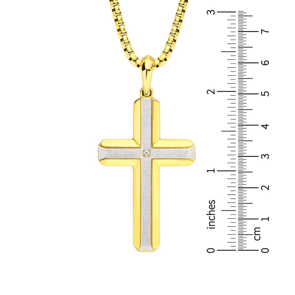 Inox 18KT Gold IP Brushed Finish Stainless Steel Lab Grown Diamond Accent 24-inch Cross