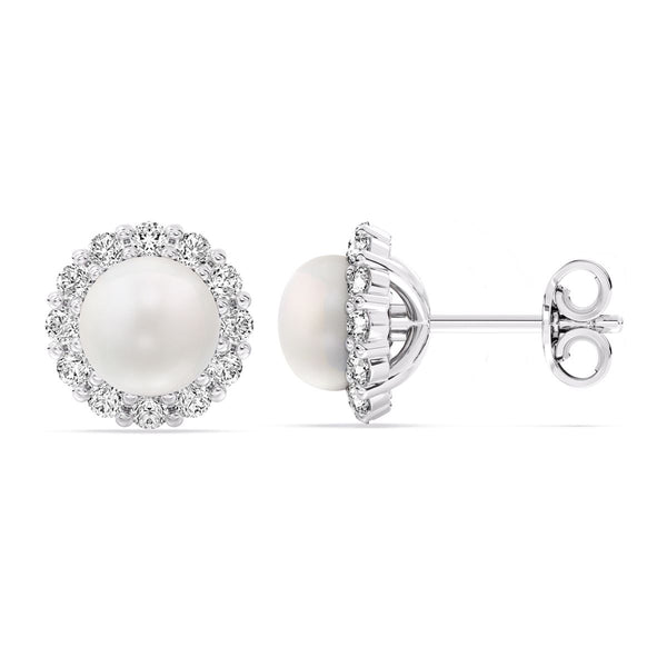 5MM Cushion Pearl and White Sapphire Birthstone Halo Stud Earrings in Sterling Silver