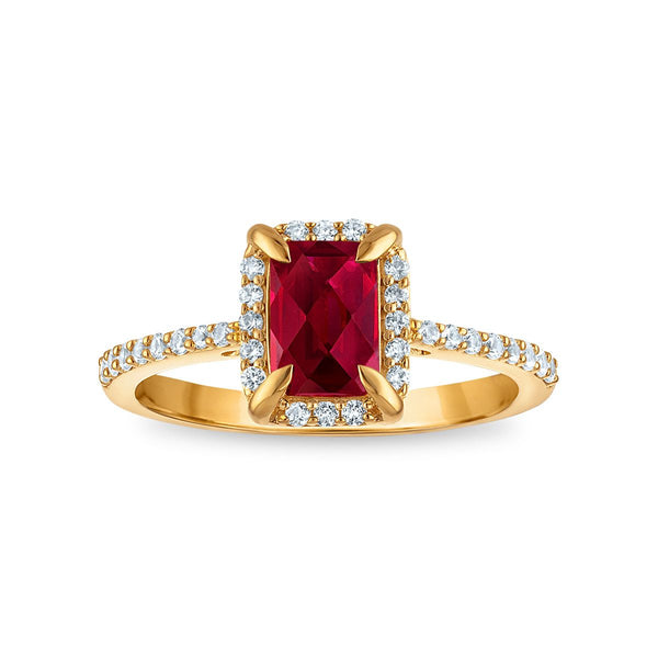 7X5MM Radiant Ruby and White Sapphire Birthstone Ring in 18KT Gold Vermeil