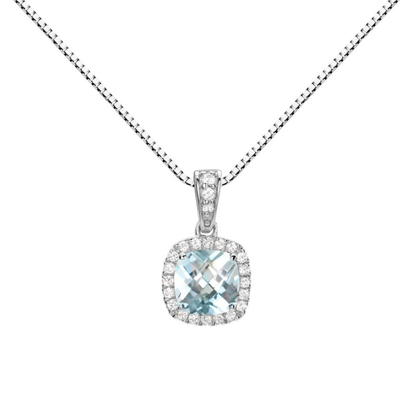 6MM Cushion Aquamarine and White Sapphire Birthstone Halo 18-inch Pendant in Sterling Silver